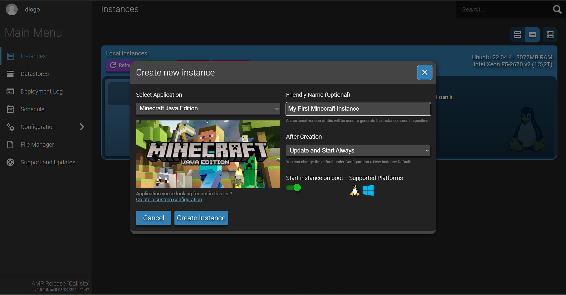 Amp Create Instance Menu